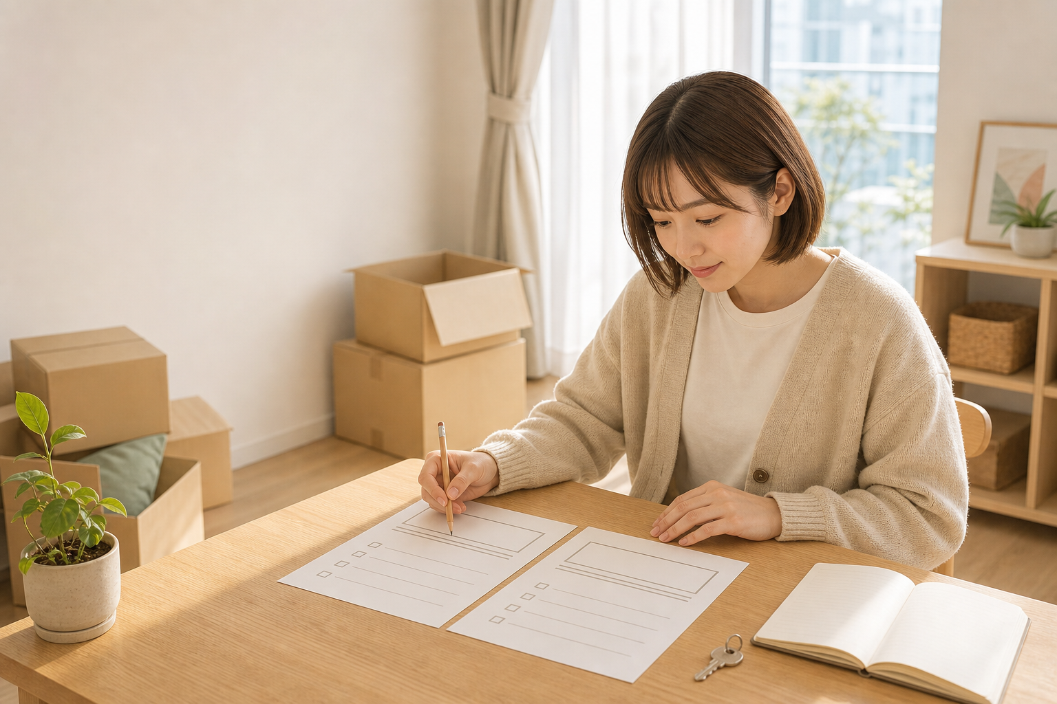 新居で、2枚の比較メモを見ながら条件を書き出す女性のイメージ