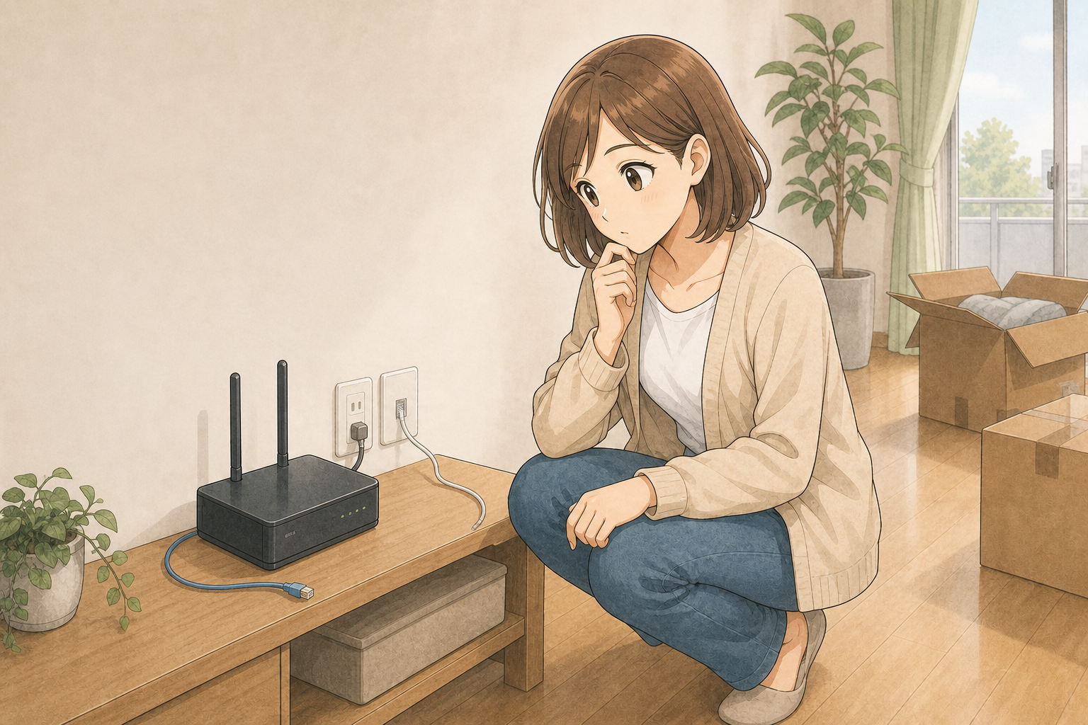 新居のテレビ台と壁の回線差込口の前で、ルーターの設置を考える女性のイメージ