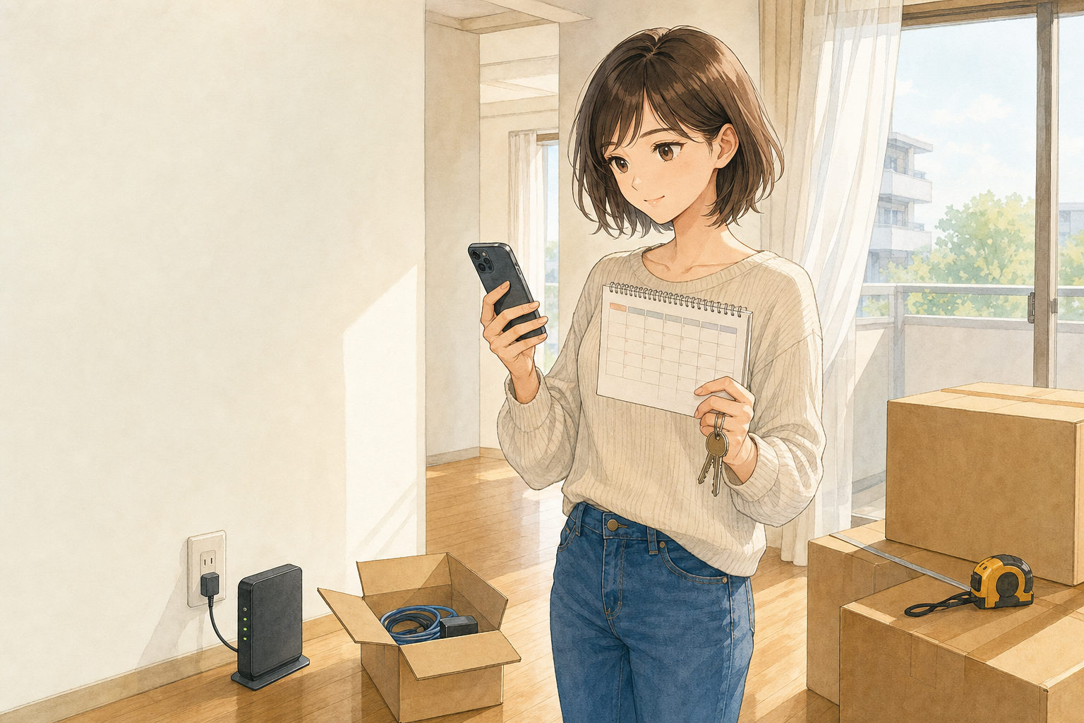 新居の部屋で、スマホとカレンダー、鍵を手にネット回線の利用開始日を確認する女性のイメージ