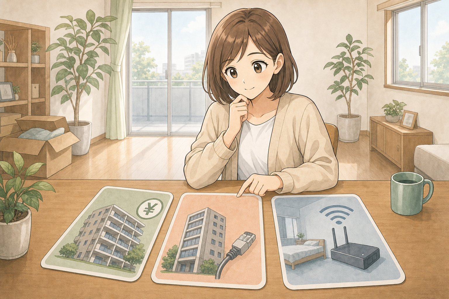 新居で、料金・配線・利用開始を表す3枚のカードを見比べる女性のイメージ