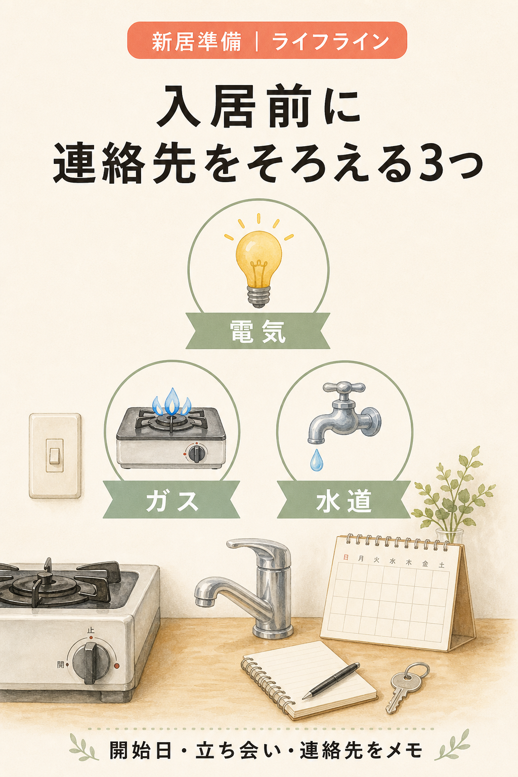 電気、ガス、水道について、開始日、立ち会い、連絡先をメモすることを示す図解