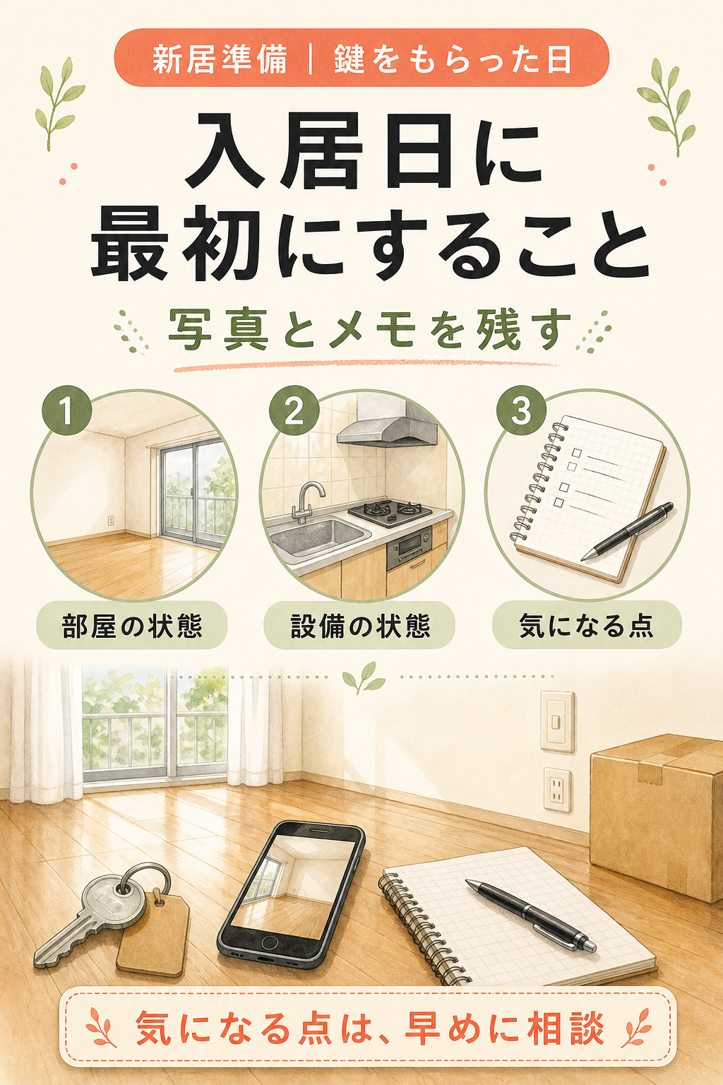 入居日に部屋の状態、設備の状態、気になる点を写真とメモに残すことを示す図解