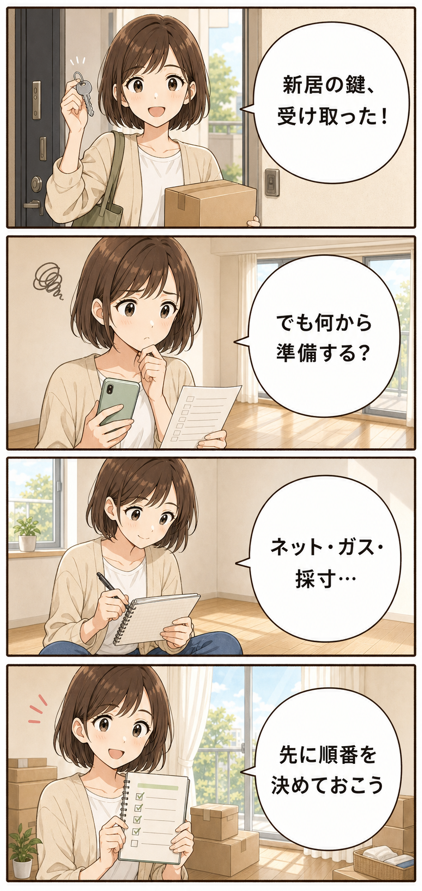 新居の鍵を受け取り、ネット・ガス・採寸の準備順をメモする女性の4コマ漫画
