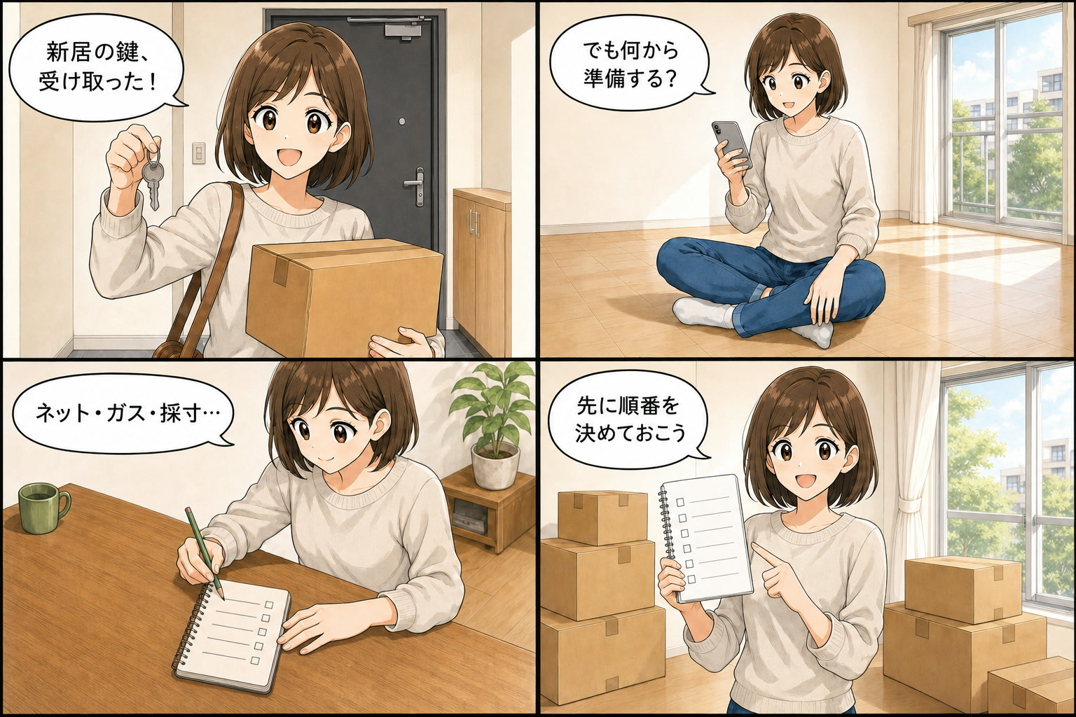新居の鍵を受け取り、ネット・ガス・採寸の準備順をメモする女性の2×2の4コマ漫画