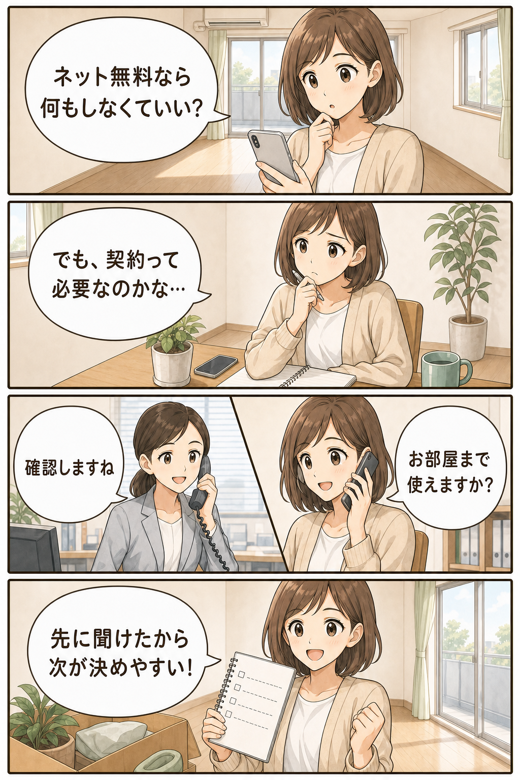 新居のネット無料表記を見た女性が、管理会社に確認して準備を進めるセリフ入りの縦型4コマ漫画