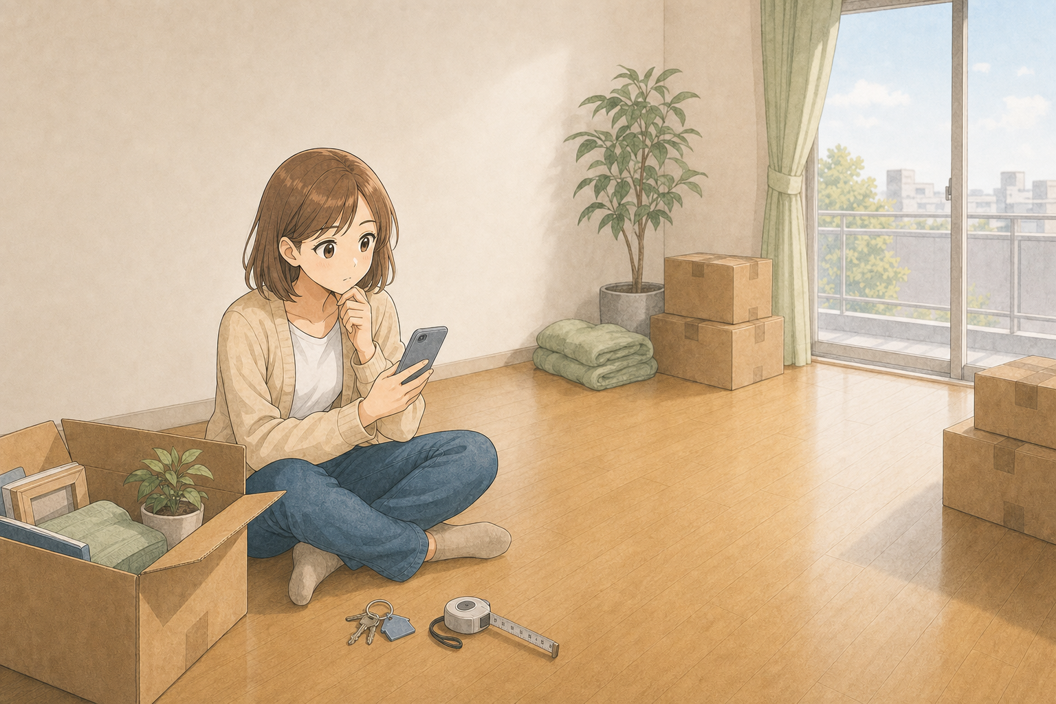 新居で、鍵やメジャー、引越し荷物を前にスマホで確認する女性のイメージ